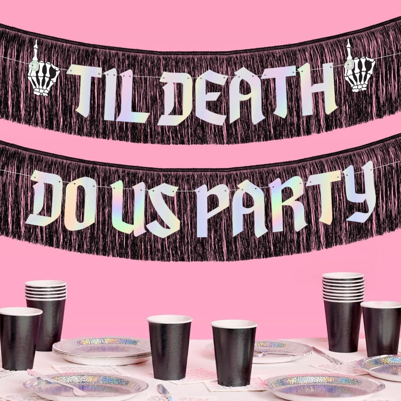 Til Death Do Us Party Fringe Banner - Black + Iridescent, 5 Ft